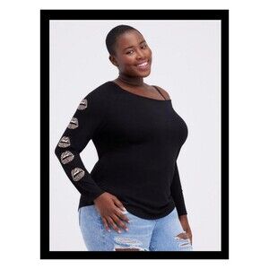 NWT Torrid 1X Leopard Lips Off Shoulder Long Sleeve Black Tee Shirt Size 14-16